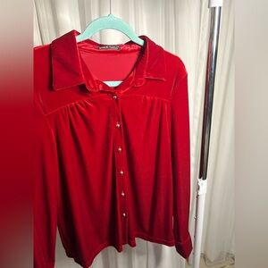 SHEIN Red Velvet Button Down Shirt